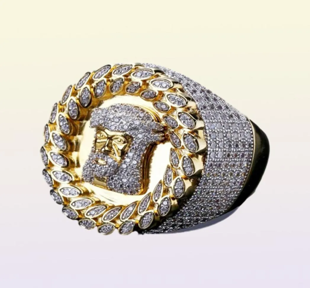 Полное медное преувеличенное кольцо блестящее микробическое циркониея Иисус лицом к настоящему золоту, покрытые панку