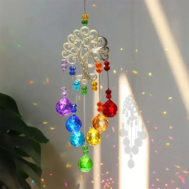 Décorations Crystal Sun Catchers Prisms Window Wind Chime Chain Colorful Chain suspendu Pendant Decoration Tree of Life Shape Home Garden Decor