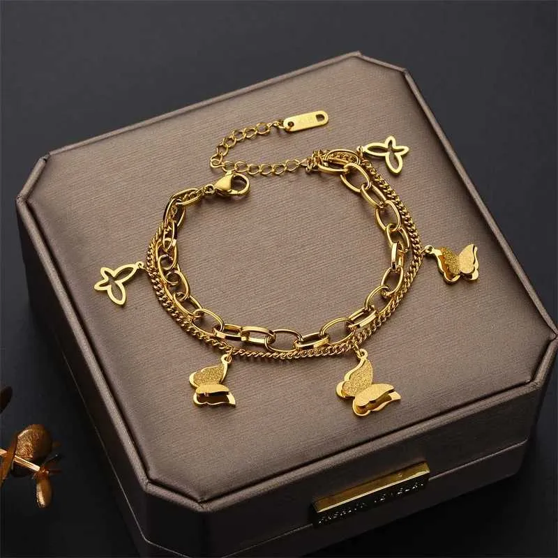 Kette 316L Edelstahl neuer Mode gehobener Schmuck Multi-Element 2 Schicht gefrostete Schmetterlinge Charm Kette Dicke Armbänder für Frauen