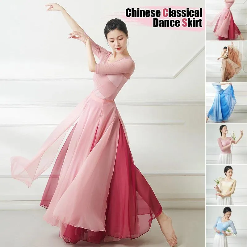 Röcke Chinesische klassische Tanzrock Lady Elegant Chiffon Fließende doppelte Schicht große Schwung Bühne Performance Kleid