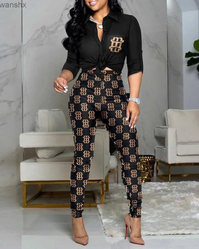 Women's Two Piece Pants Nobel Fashion 2-piece set of womens shirts and wide leg pants womens casual printed half sleeved top and design mens two-piece setL240429