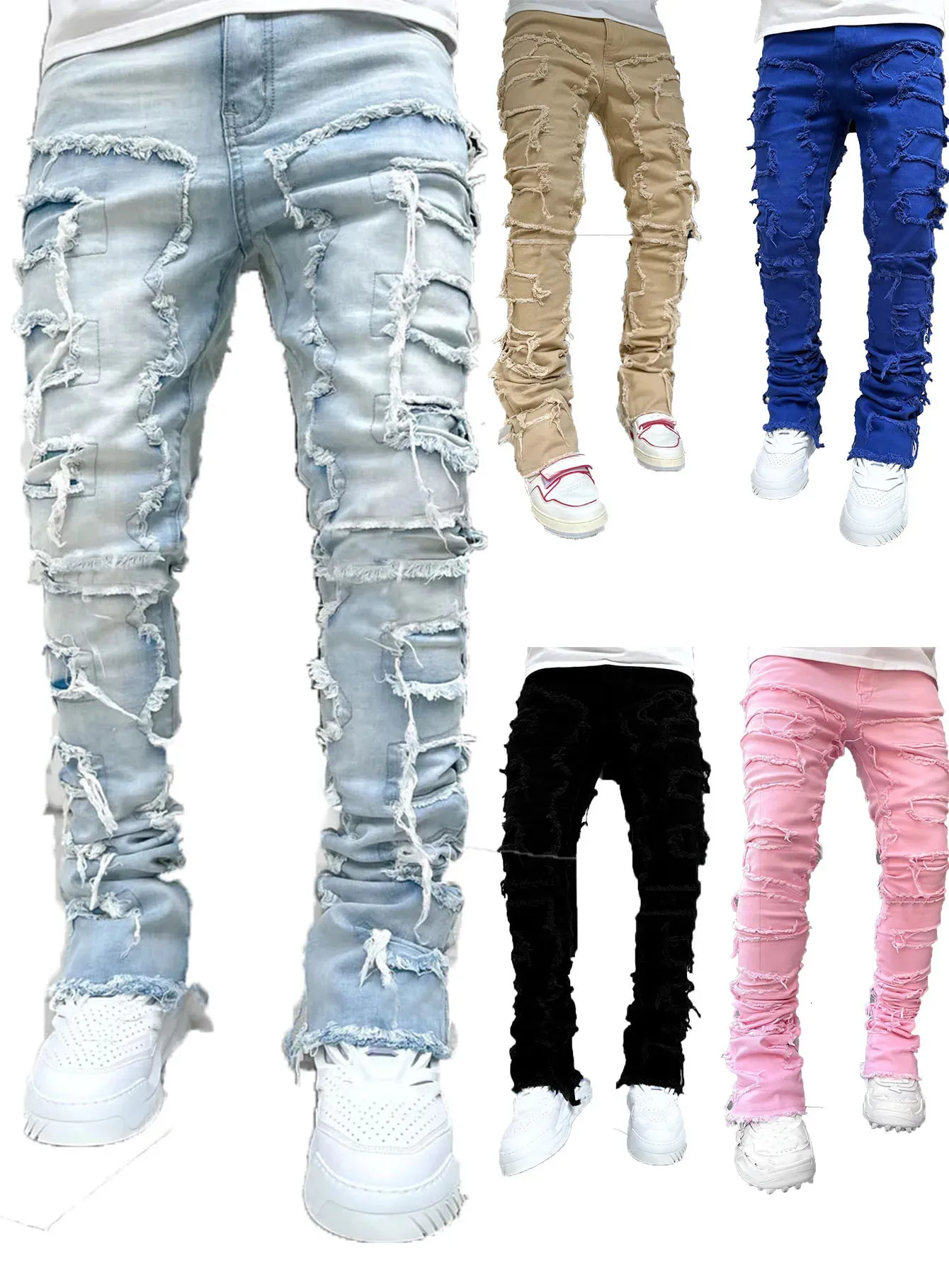 Mens Regular Fit staplade jeans rippade smala fit lapp nöd förstörda raka denim byxor hiphop streetwear byxa trasa 240420