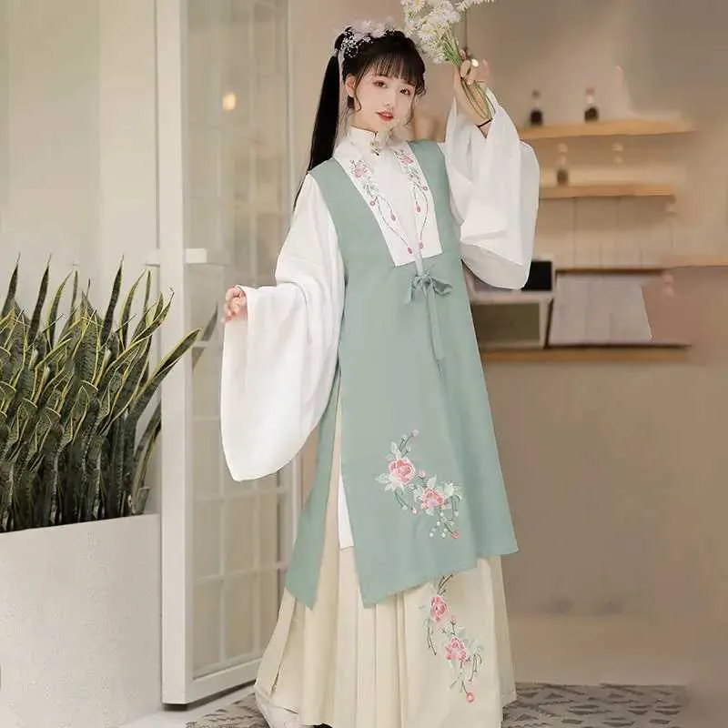 Etnik Giyim Yaz Yeni Ming Hanedanlığı Hanfu Kadın Yetişkin Kostüm Çin Fengchaoksian Ağır Sanayi Nakış Bijia Uzun Gömlek Bel Ru Etek