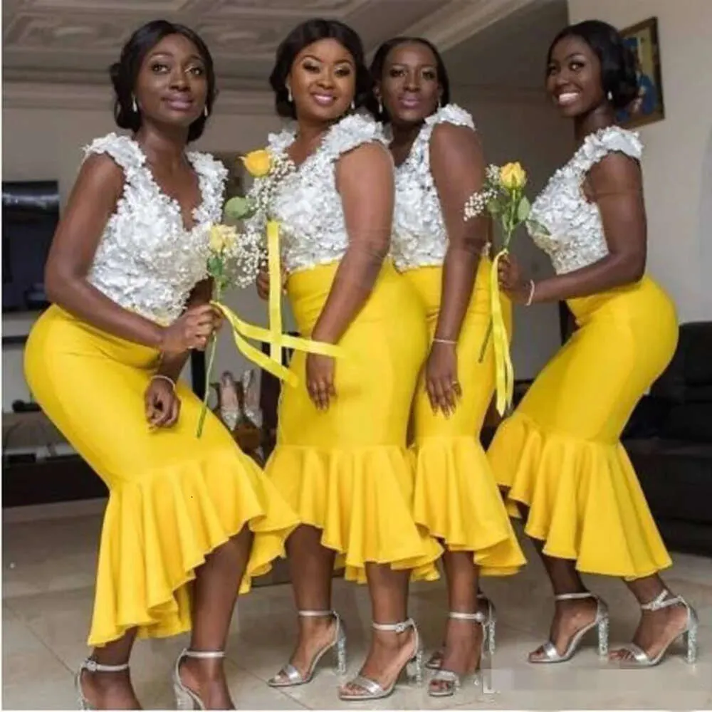 Платье подружки невесты чай 2020 Длина Русалка Желтая высокая высокая v Шея цветы