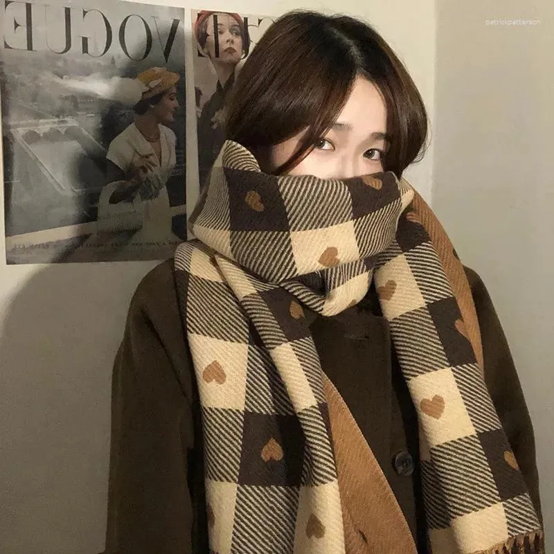 Bandanas Love Plaid Scarf Female Autumn Winter Cute Versatile Warm Tassel Korean Retro Students Heart