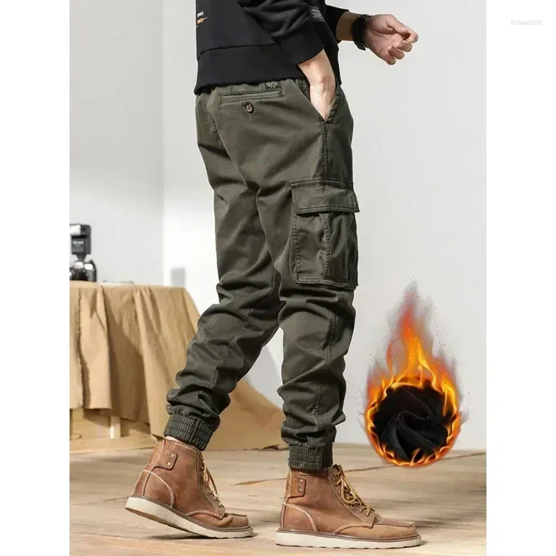 Herrenhosen 2024 Winter Cargo Men Multipockets Draw String Fleece Liner Dicke warme Overalls Jogger Casual Baumwollthermische Hose