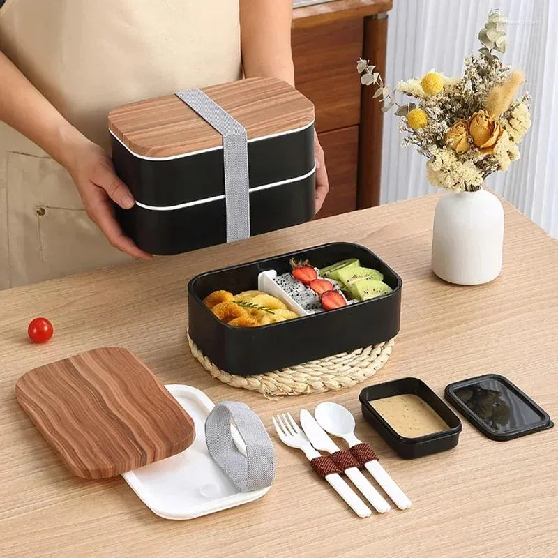 Dîne 800/1600 ml Boîte de bento japonais en plastique avec couvercle de grain de bois grande capacité Portable déjeuner micro-ondes pour un étudiant adulte