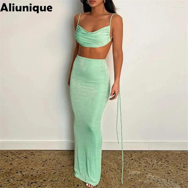Robes décontractées Aliunque Summer Sexy Green sans bretelles Top haute jupe Backless Lace Up Women 2 Pieds sets Female Skinny Party Clubwear