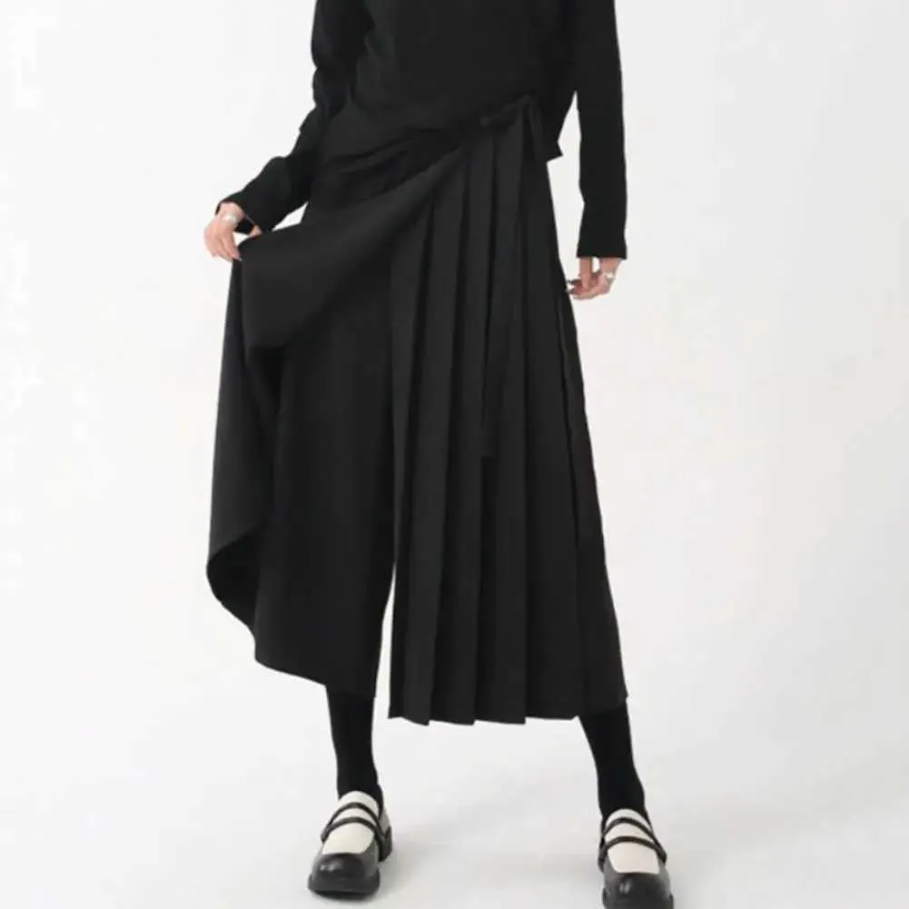 Women's Pants Capris Womens long pants black solid color pleats fake two-piece irregular high stripes loose wide legs casual mid calf length Culotes Y240429