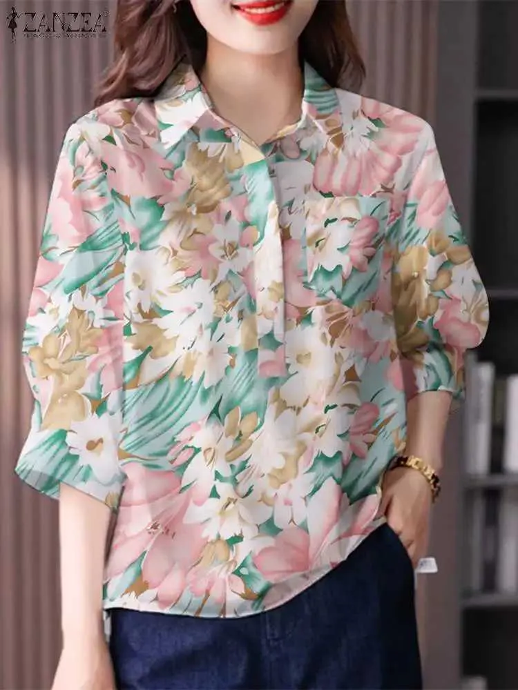 القمصان البلوزات النسائية Zanzea 2024 Spring Fashion Blouse Label Neck Holiday Ploral Printed Elegant Shirt 3/4 SLVE Casual Women Women Blusas Tops Tunic Y240426