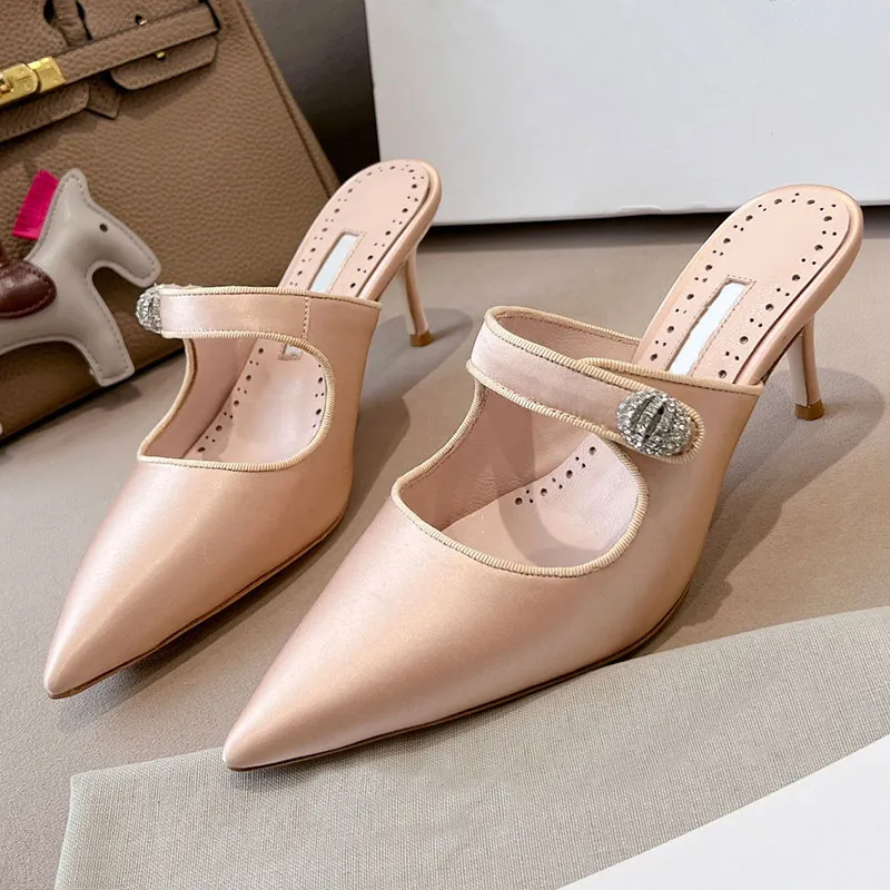 Silk Satin Mule Nude Women Designer Sandals Stiletto Heels Slide Slippers Crystal Buckle Mules Slip On Queen Evening Dress Shoes Pointed Toe Party Wedding Shoes