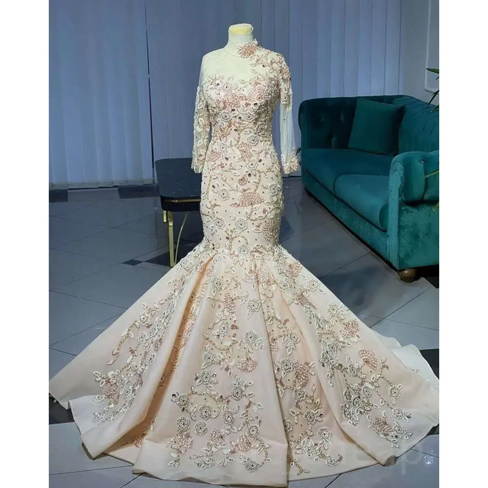 Aso Champagne Mermaid Ebi August Prom Dress Lace Beaded Evening Formal Party Second Reception Birthday Engagement Gowns Dresses Robe De Soiree Zj Es