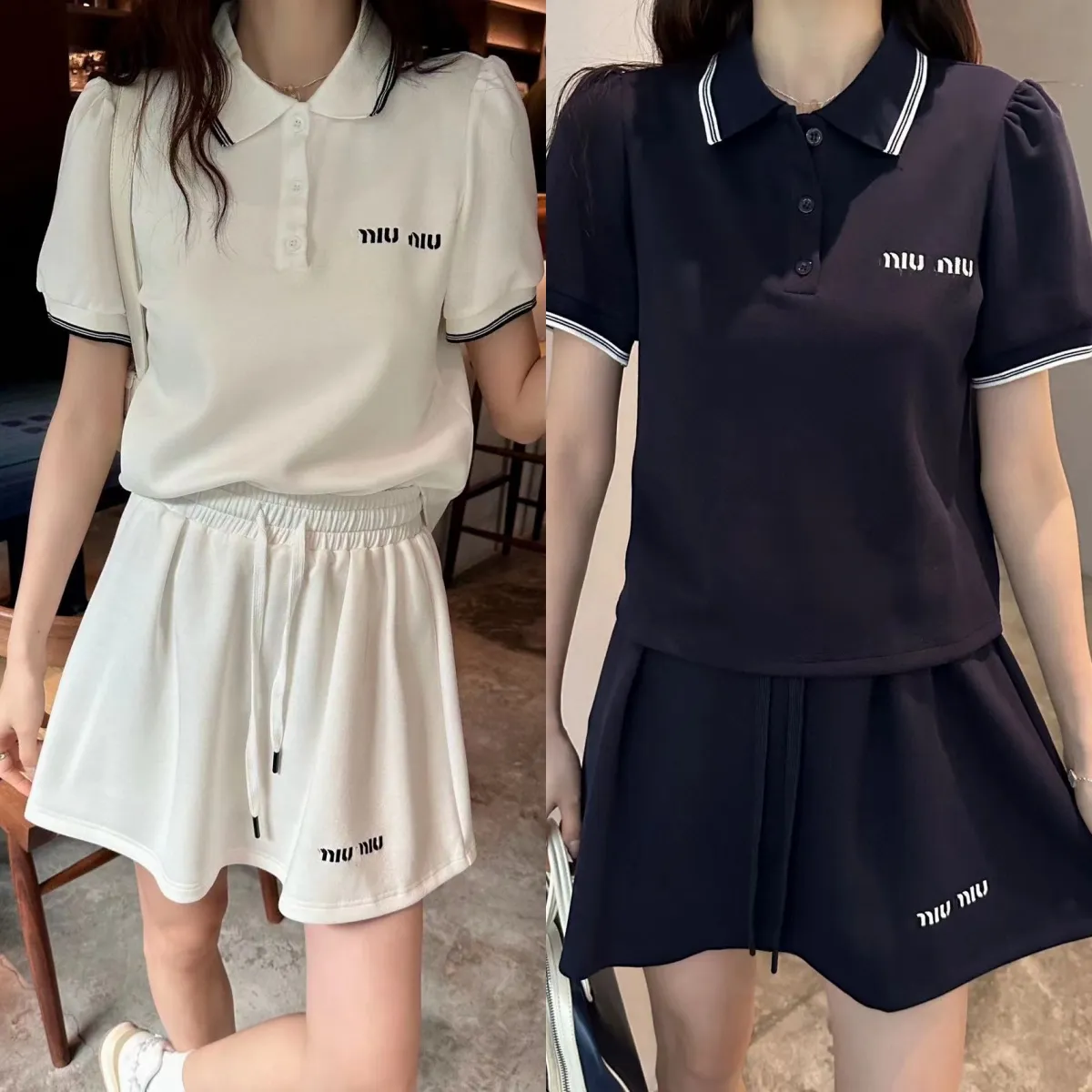 Женщины два куска набор одежды Miumi изысканный вышитый логотип с логотипом Polo Рубашка с короткими рукавами набор юбки