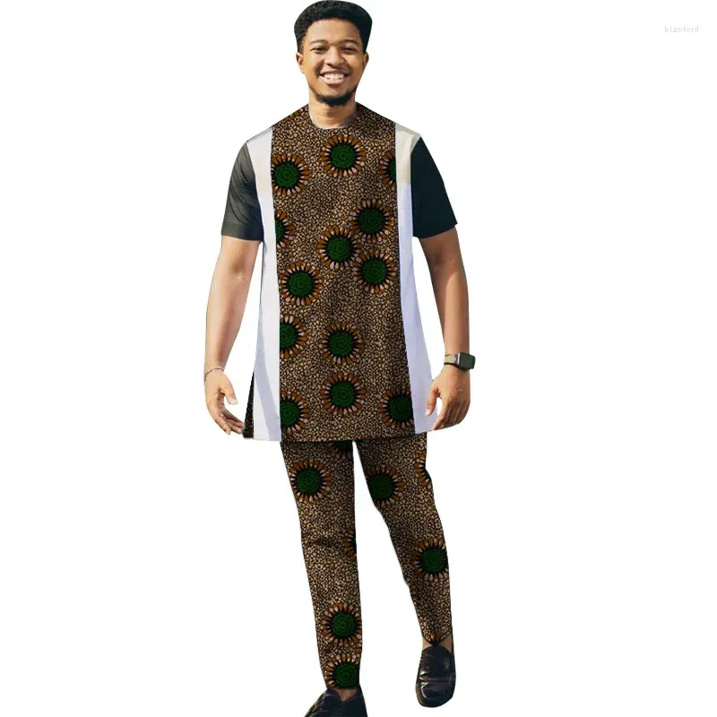 Suisses de survêtement masculines hommes africain ensembles traditionnels de survêtement d'été imprimées à manches courtes t-shirt long pantalon streetwear conception de vêtements masculins