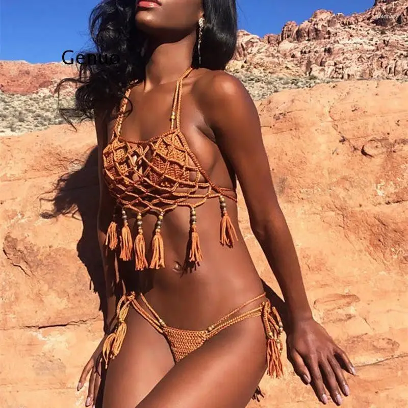 Women's Swimwear Crochet Bikini Set Halter Top with Beading Tassel and Boy  Short Bottom Low Waist Polyester from Dhgate Women's Swimwear - price 33.41