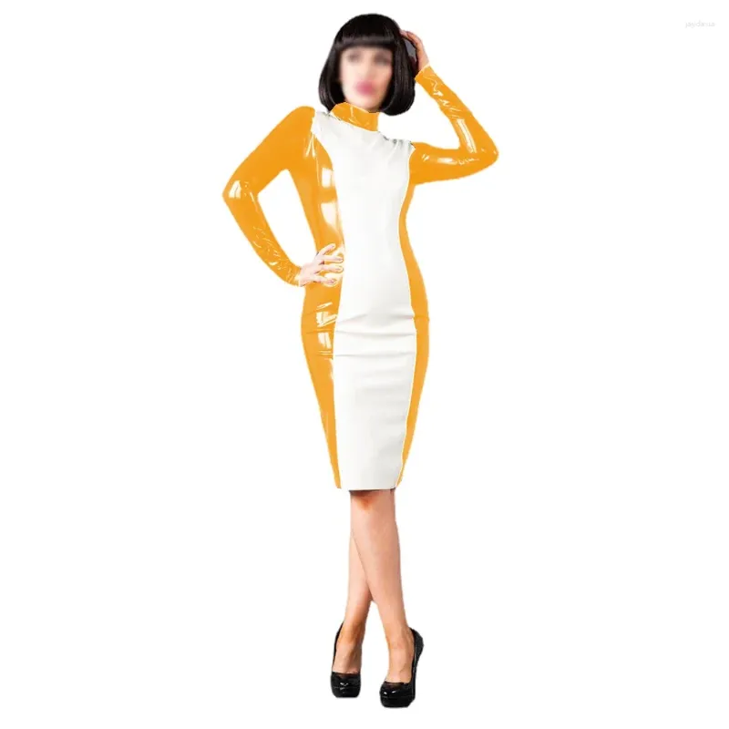 Vestidos casuais brilhantes PVC Patchwork White High Neck Mini Vestido Faux Faux Latex Manga Comprafólica Bodycon Clubwear Robe Femme Streetwear S-7xl