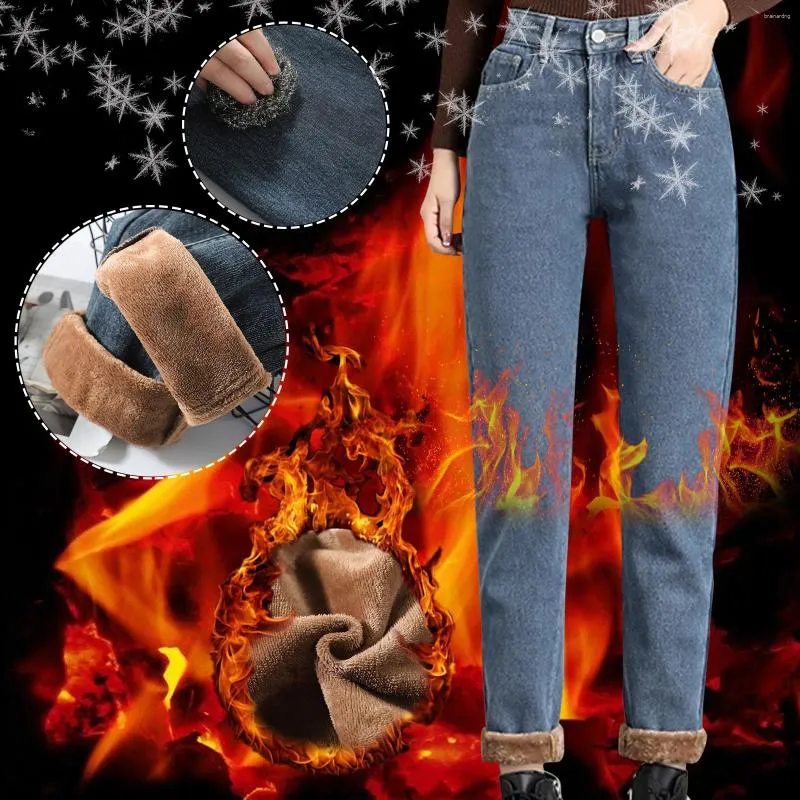 Jeans féminins hauts hauts pantalons haren chauds en denim en peluche épaissie des vêtements vintage droits des années 90
