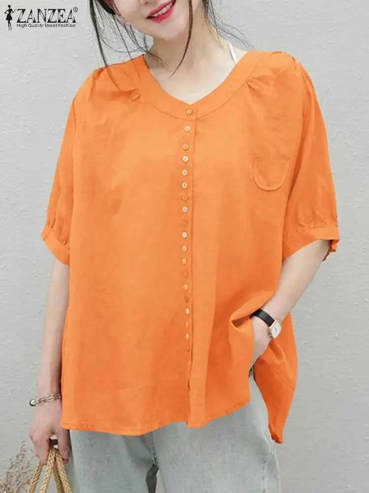 Blouzen voor dames shirts zanzea mode korte slve blouse zomer casual bodemid kleur shirt vrouwelijk elegante knop manchetten blusas mujer vintage losse tops y240426