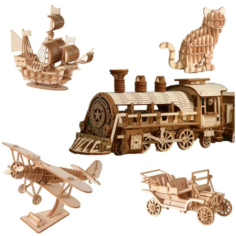 Puzzle 3D Modello a vapore in legno 3D Modello giocattolo per bambini Building Building Puzzle Gruppo Linden Simulazione Auto Aereo Aereo Cat Boy Giftl2404