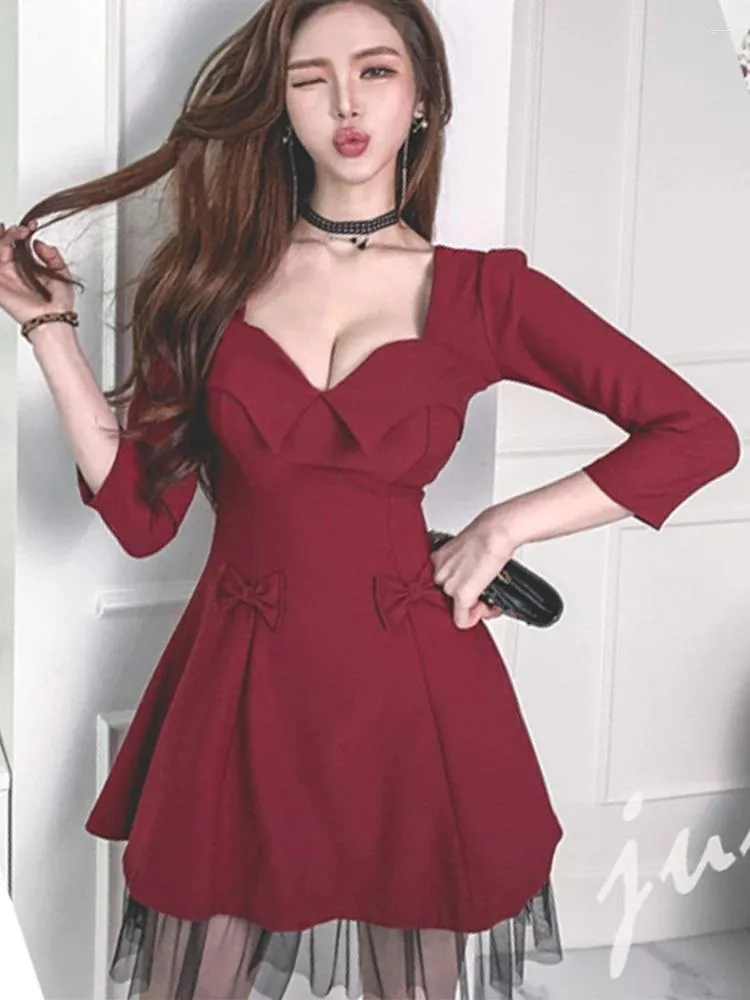 Sukienki swobodne wiosna słodka mini sukienka dla kobiet wino czerwona niska kokardka czarna siatka krótka suknia balowa