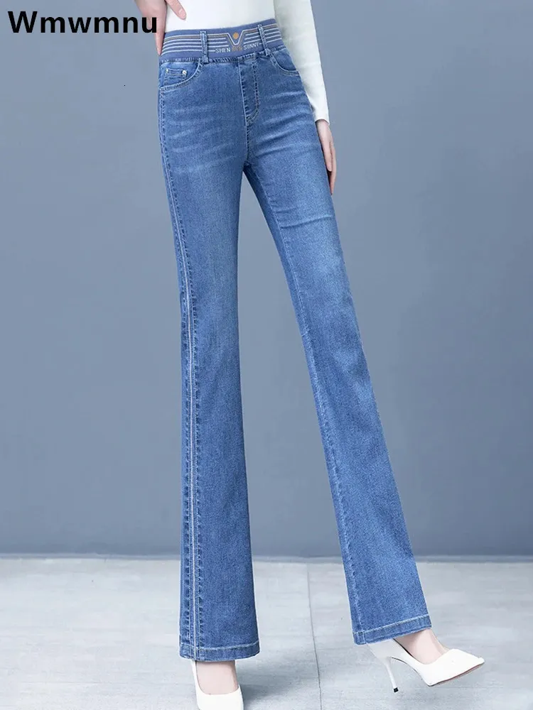 Jeans a bagliore ad alta vita per donne ricamato casual slim pantaloni primaverili primaverili di primavera tratono dritto vaqueros 240416