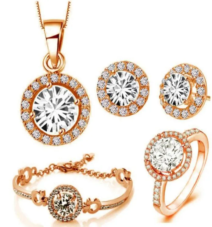 Mode 18K Rose Gold Plated Shiny Zircon Crystal Necklace Armband örhängen Ring smycken Set för kvinnor Bröllop smycken set 4pcss4888224
