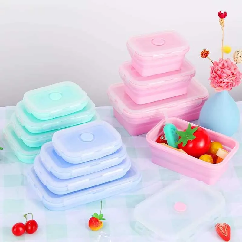 Bento Boîtes 4 Conteneurs de rangement alimentaire pliables en silicone avec boîte à lunch au couvercle et sans bisphénol A adapté aux salles de cuisine Q240427