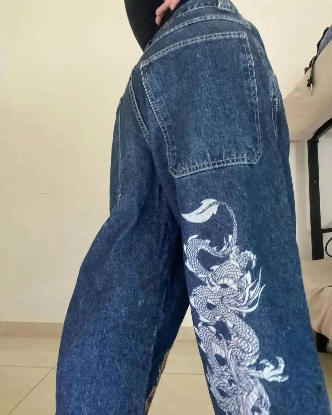 Kvinnors jeans amerikanska retro y2k lösa jeans kvinnor drake mönster tryckt raka byxor nya harajuku trendig hög midja bred ben bantesl2403