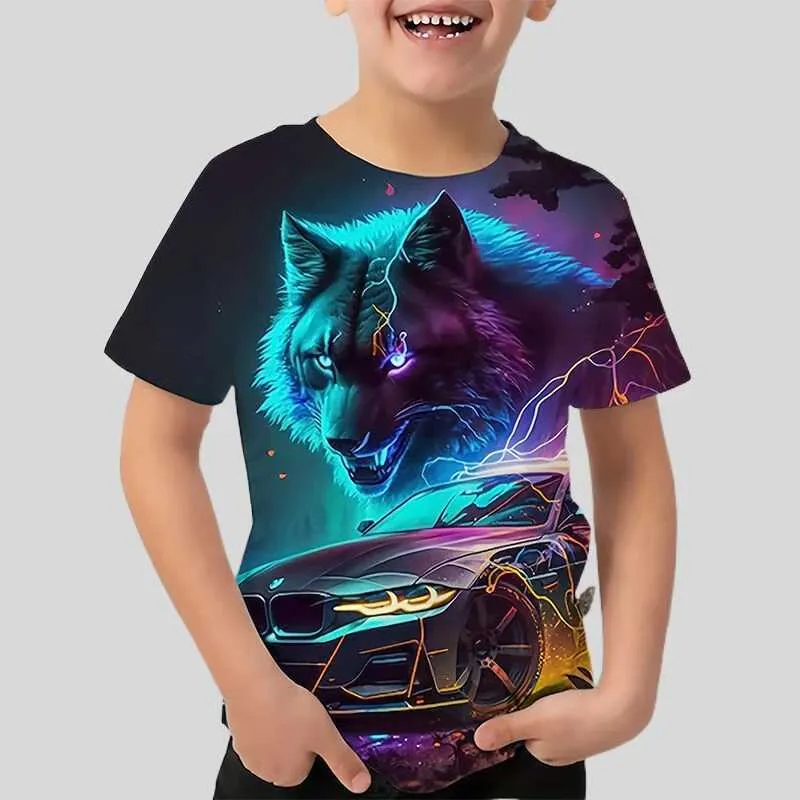 Футболки 2023 Летняя детская одежда 3D волчья и автомобильная печатная футболка для мультяшной футболка для мальчиков для животных футболка для мальчиков девочки