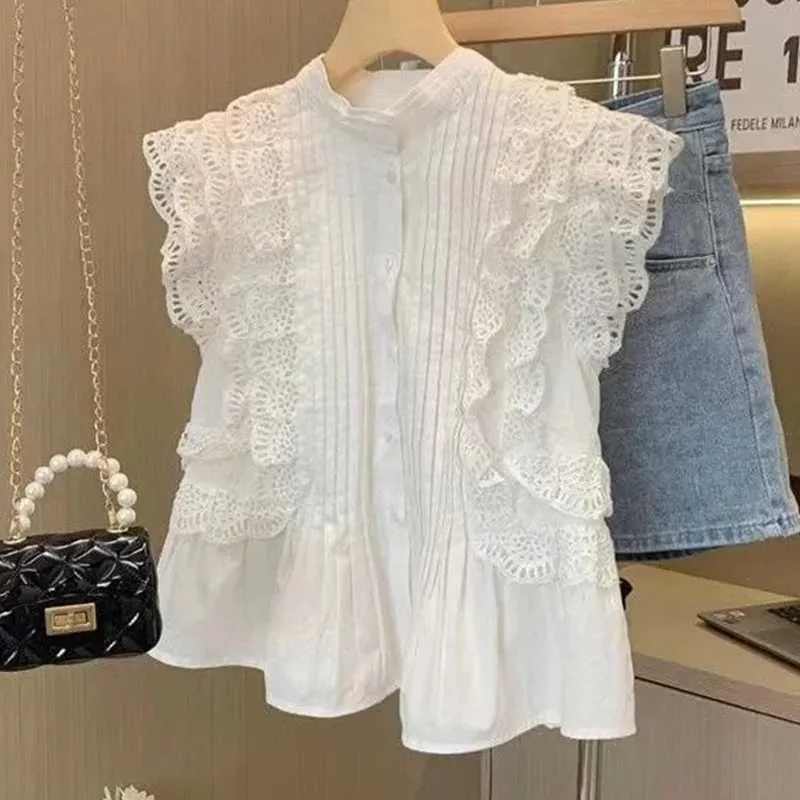 Womens Flying Slve Blouse White Shirts Vintage Slveless Ruffled Lace Tops Elegant Casual Swt Clothes Summer 27709 Y240426