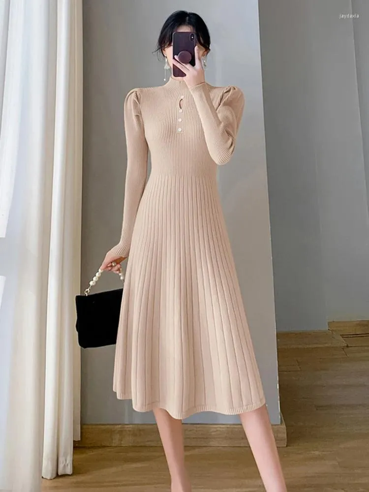 Lässige Kleider eleganter koreanischer Herbst im Winter gestrickt Falten Midi Vestidos Frauen halbe Hochharmärme Langarm ein Linie Bottoming Pullover Kleid