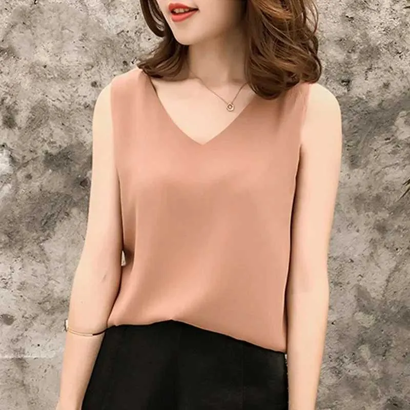 Women's Blouses Shirts Womens Chiffon V-Neck Shirt Womens Tops and Blouses Sexy Slveless Shirt Summer Fashion Ladies Clothing New 0376 Y240426