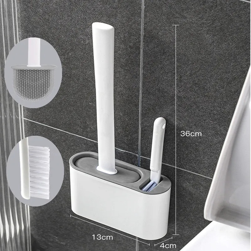 Cepille del baño colgante de la pared 2 cepillos de limpieza Cepillo para el inodoro de silicona con soporte para el piso accesorios de baño