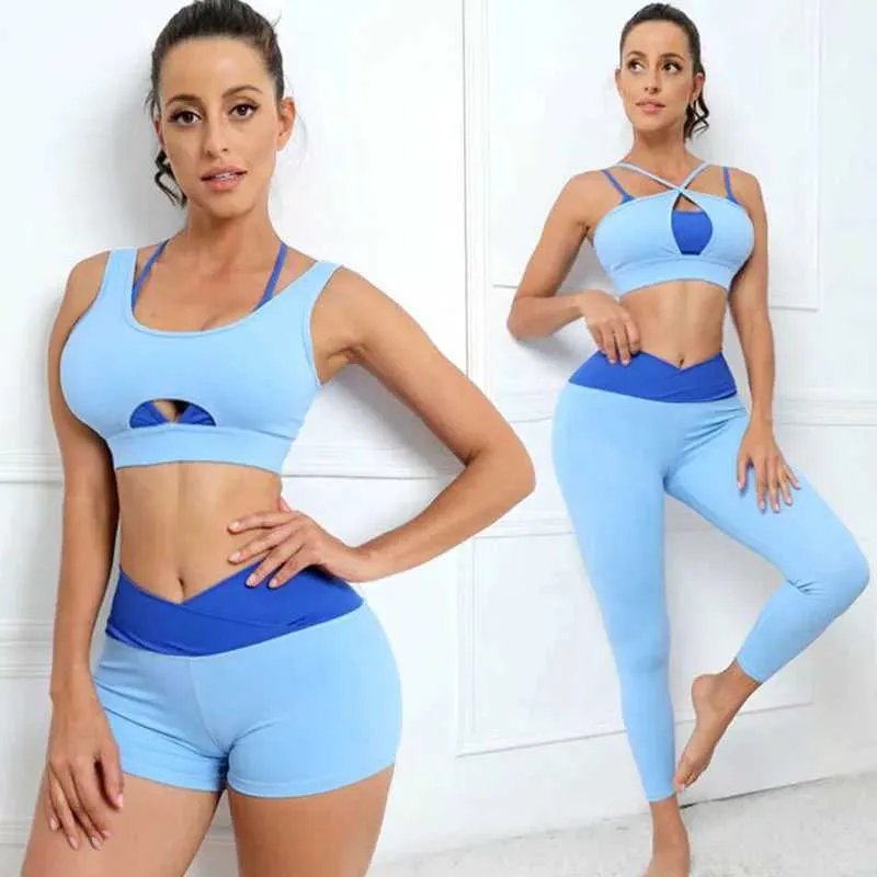 Frauen Tracksuits Frauen Fitness Sportbekleidung Set Fitnessstudio Nahe Kleidung Training Fahrradhemd BH Top High -Taille Shorts Leggings Hosen Sportanzug Y240426