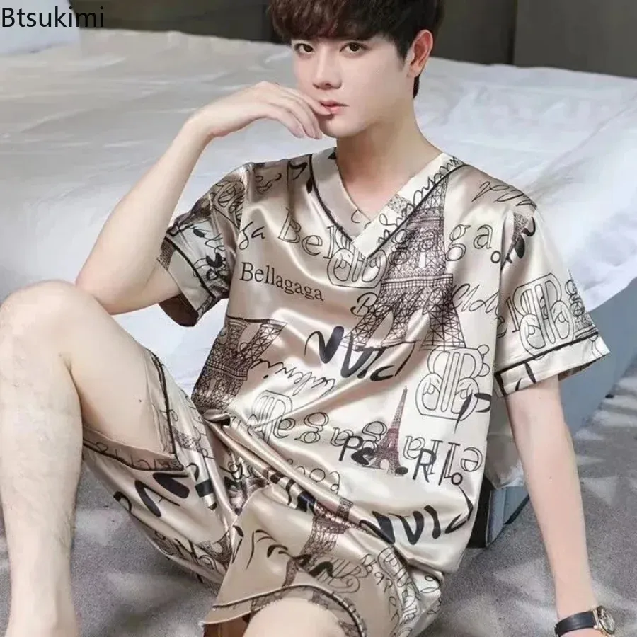 Summer Mens Pyjamas Silk Satin Pullover Shorts Two Piece Set Sleepwear Male Pyjama Home Clothes Nightwear Men Sleep Lounge 240428