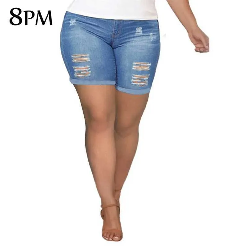 Women's Shorts Womens Plus Size Denim Shorts Curved High Waist Elastic Shorts Tear Painful Cuff Hem Jeans Shorts 2XL ouc1532L2403