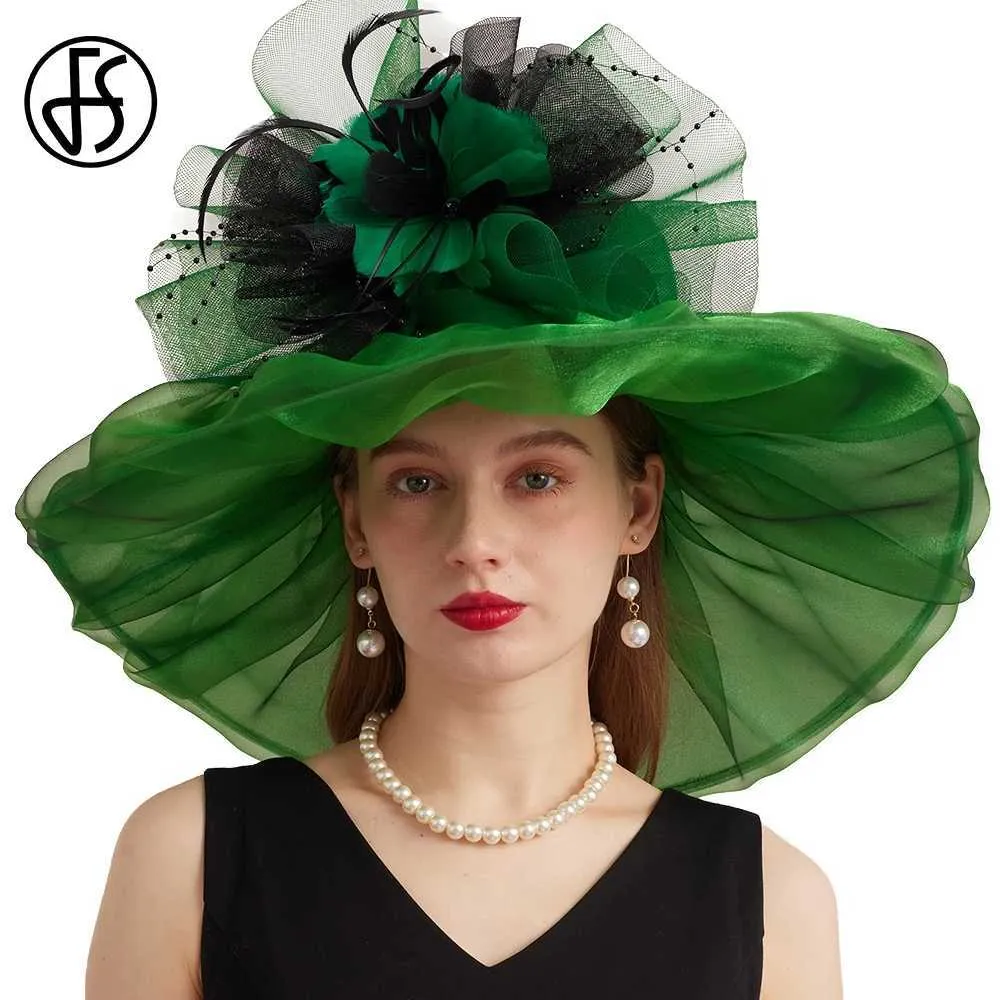 Cappelli a bordo larghi cappelli a secchio FS Luxury Green Kentucky Derby Cappelli per donne Cappelli da sole dell'organo estivo per matrimoni Bride Tea Party Cap Fedoras della chiesa 2024 Y240426