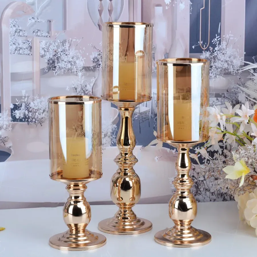 Zestawy 1PC Golden Glass Filar Candle Holder świecznik Holder do jadalni stolik kawowy