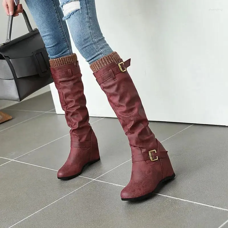 Boots Autumn Fashion Flat Women Winter Warm Lining PU Leather Low Heel Round Toe Lady Equestrian Shoes