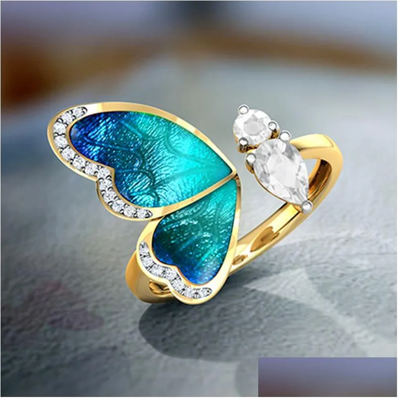 Band anneaux Fantasy Blue Butterfly Wings Gold Open Dinger Charms Bijoux Fashion Régalable Rhinason Party For Women Drop Livrot R DH9NF