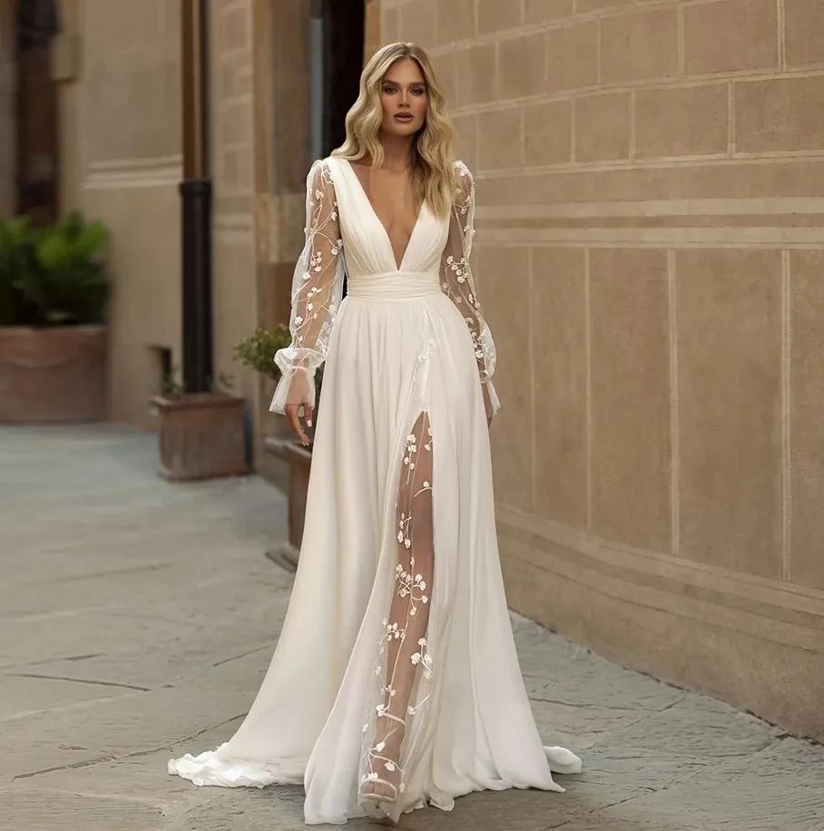 Nouvelle robe de mariée boho 2024 V manches longues en dentelle sans dossier de dentelle sans mousseline de mariée