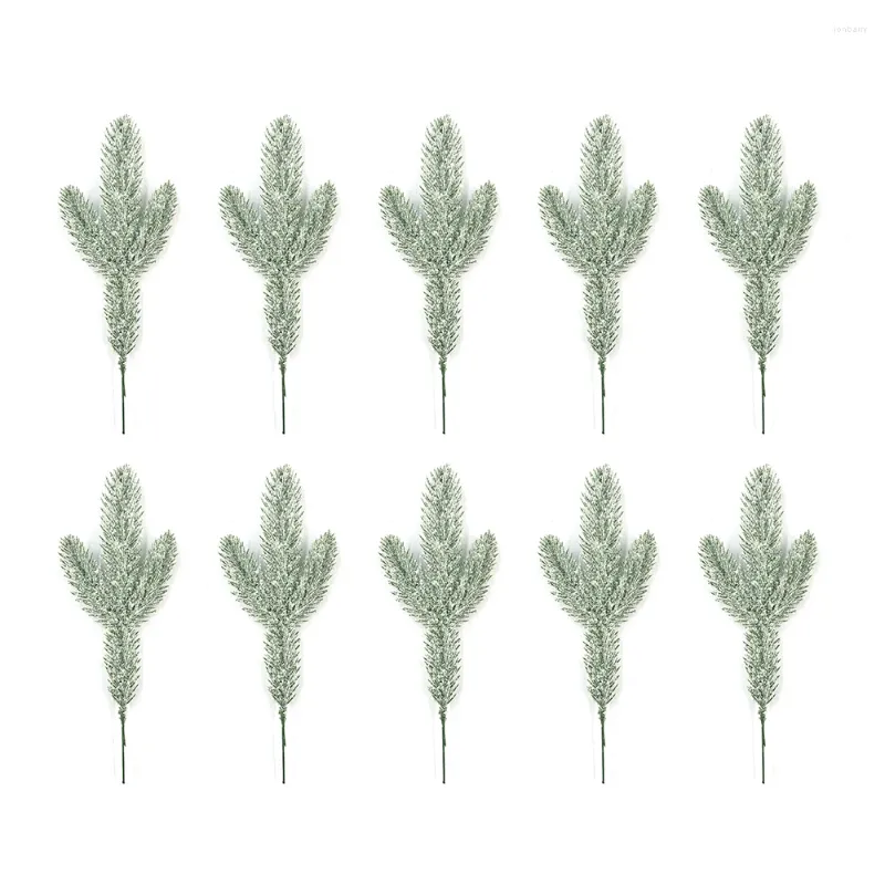 Decorative Flowers 10pcs Artificial Pine Branch Snow On Green Leaves Realistic Pines Needles 25cm/9.8" Stems Picks DIY Christmas Tree Party