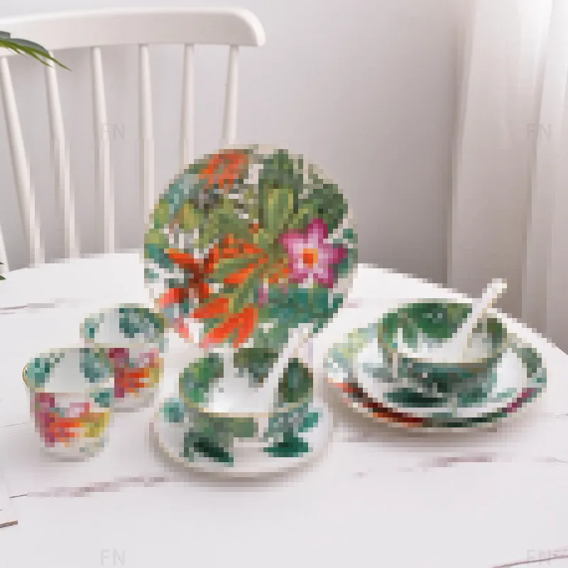 Designer Tableware Sets Tropical Rain Forest Series Bone China Bowls Spoons Cups Plates Ten-pieces Sets Household Using