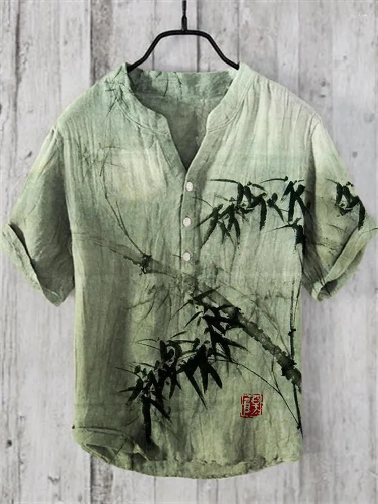 Mäns casual skjortor 2024 Summer Fashion Man Small V-ringen Henley Shirt Bamboo Forest Full Moon Night Japanese Art Artistic Short Sleeved