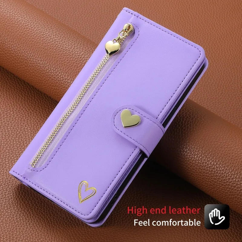 Fashion Design Gold Zipper Carte Sac Case en cuir pour Apple iPhone 15 14 Pro XR13 Multi Carte Foil Stamping Heart 360 Protection complète