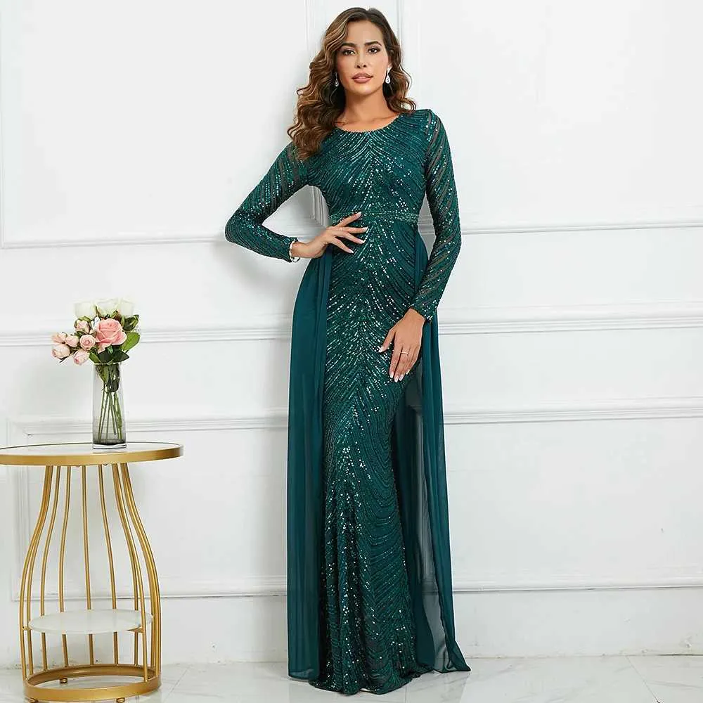 Robes de piste Yidingzs Elegant Long Slve Sequin Night Robe Grn Party MAXI Robe avec mousseline détachable