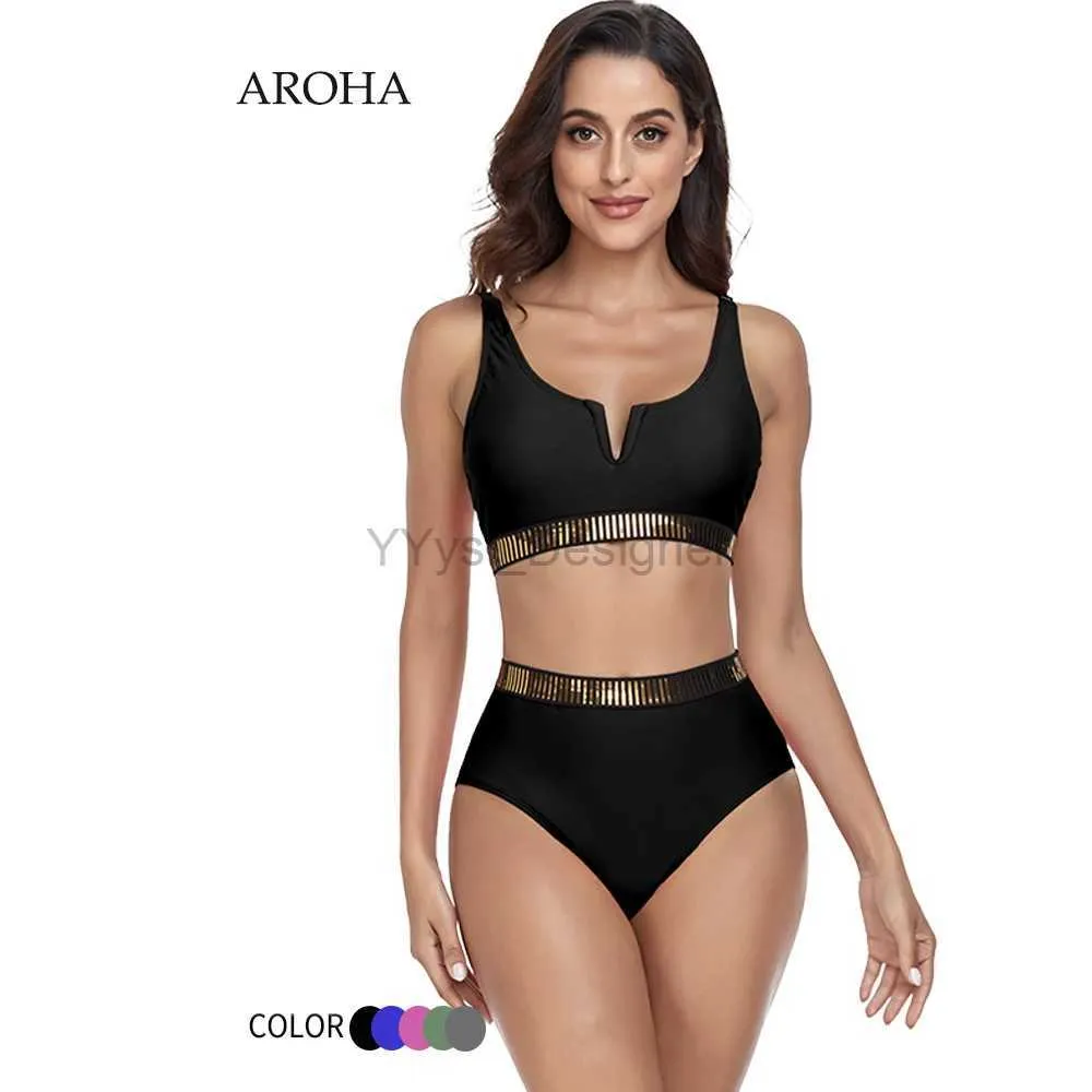 Women's Swimwear AROHA 2024 Sexy Bikini Swimwear Womens Two-Piece Gold Plated Belt Detail High Waist Biquin Swimsuit Plus Size Bathers Beachwear d240429