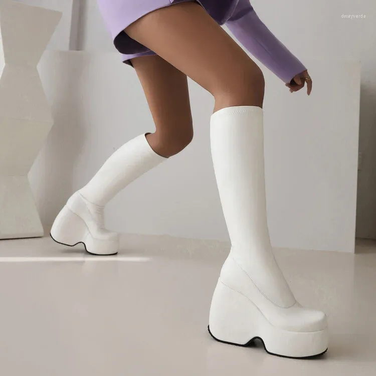 Boots 2024 Winter Platform Women White Thick Sole Wedges Knee High Heels Women's Punk