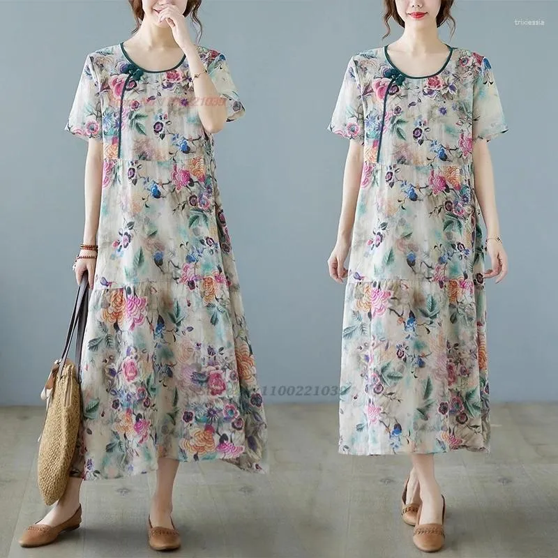 Etnische kleding 2024 Chinees verbeterde Qipao-jurk O-hals cheongsam nationale bloemenprint folk oosterse elegant