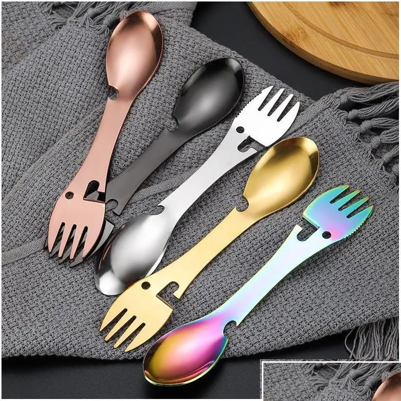 Vorken draagbare MTI Tool Flatware Can Opener Camp Spork bestek gebruiksvoorschriften Picknick roestvrijstalen tafelwerk vork lepel LX4980 DRO DHXFT